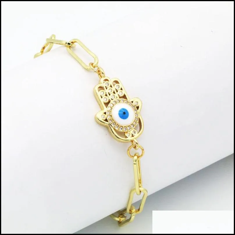 Charm Bracelets Real Gold Plated Cz Fatima Hand Evil Eye Charm Copper Chain Bracelet Jewelry For Man Drop Delivery Jewelry Bracelets Dha36