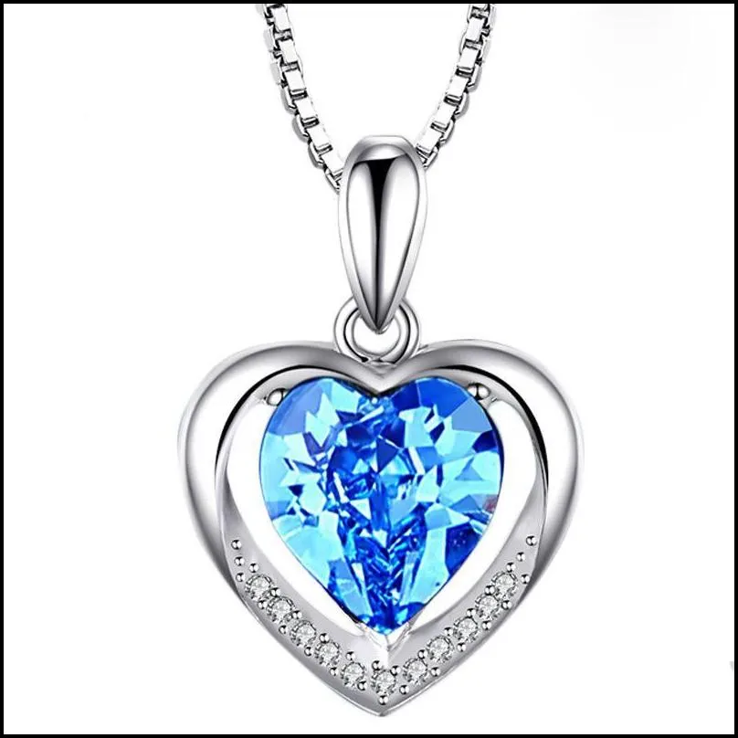 silver love heart shaped blue crystal chic pendant eternal heart necklace beautiful jewelry accessories womens style