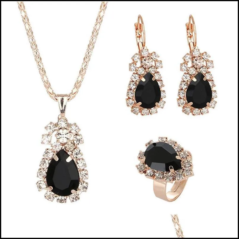 wedding jewelry gold color water earrings necklace adjustable rings set women bridal jewelry set