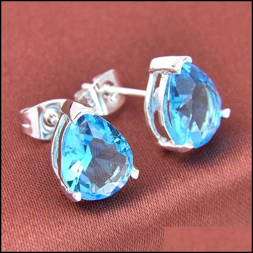 Stud 12 Pairs/1 Lot New Women Jewelry Blue Water Drop Topaz Gems Stud Earrings 925 Sier Zircon Drop Delivery Jewelry Earrings Dhpqb