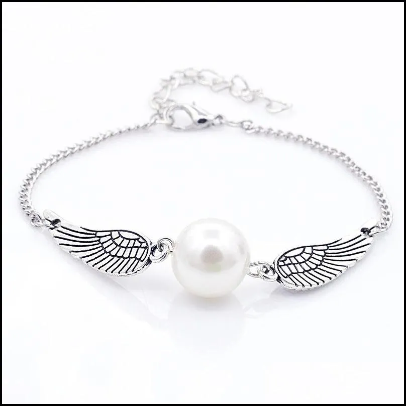 angel wings charm bracelet delicate  simulated pearl bracelet