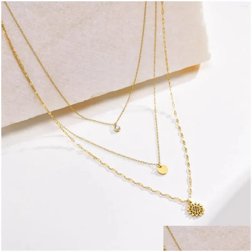 Chains Ins Elegant 18K Gold Plated Stainless Steel Layer Link Chain Flower Necklace For Women Waterproof Tarnish Free Party