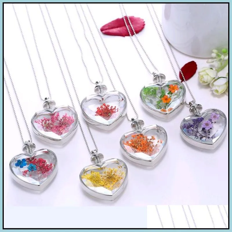 Pendant Necklaces Love Heart Pendant Necklace Crystal Dried Flower Inside Korean Style Plants Blossom Neck Chain Jewelry For Valentine Dh8Da