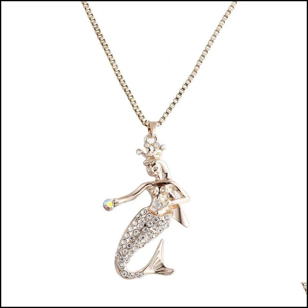 mermaid pendants necklaces bohemian long chains necklaces enamel crystal necklace beautiful mermaid necklace
