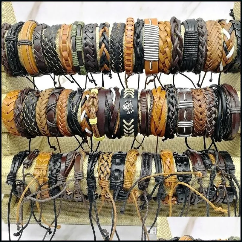 Bangle Handmade Retro Leather Bangle Lots 50Pcs/Lot Charm Cuff Bracelets Mix Styles Metal Good Gift Made Of Pure Cow Fit Mens Womens J Dh2Cm