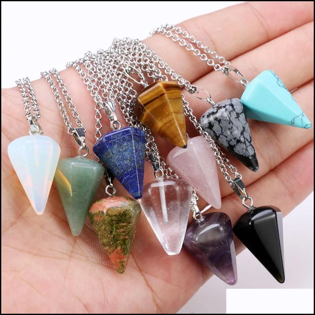 stone necklaces choker necklace hexagonal pendulum chain natural stone pendant taper soul swing bullet crystal necklace