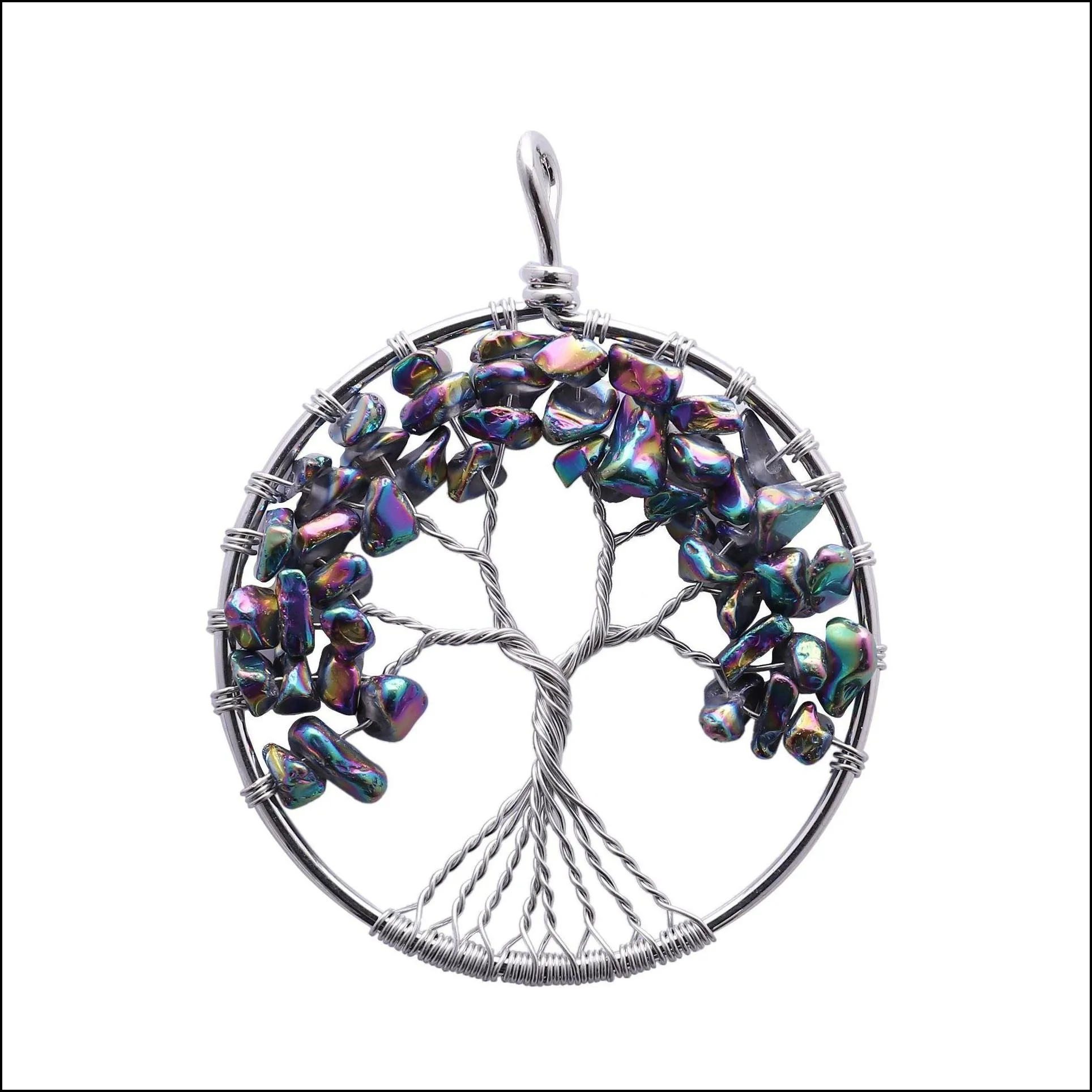 pretty natural stone necklace rainbow necklace multicolor wisdom tree of life crystal beautifully pendant necklace