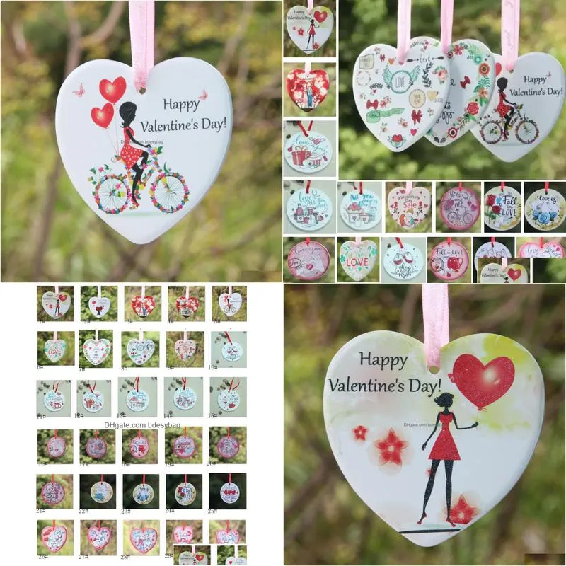 Party Favor Valentines Day Pendant Ornaments Party Gifts Round Heart-Shaped Ceramic Ornament Diy Gift Fall In Love Hanging Pendants Dr Dhhfp