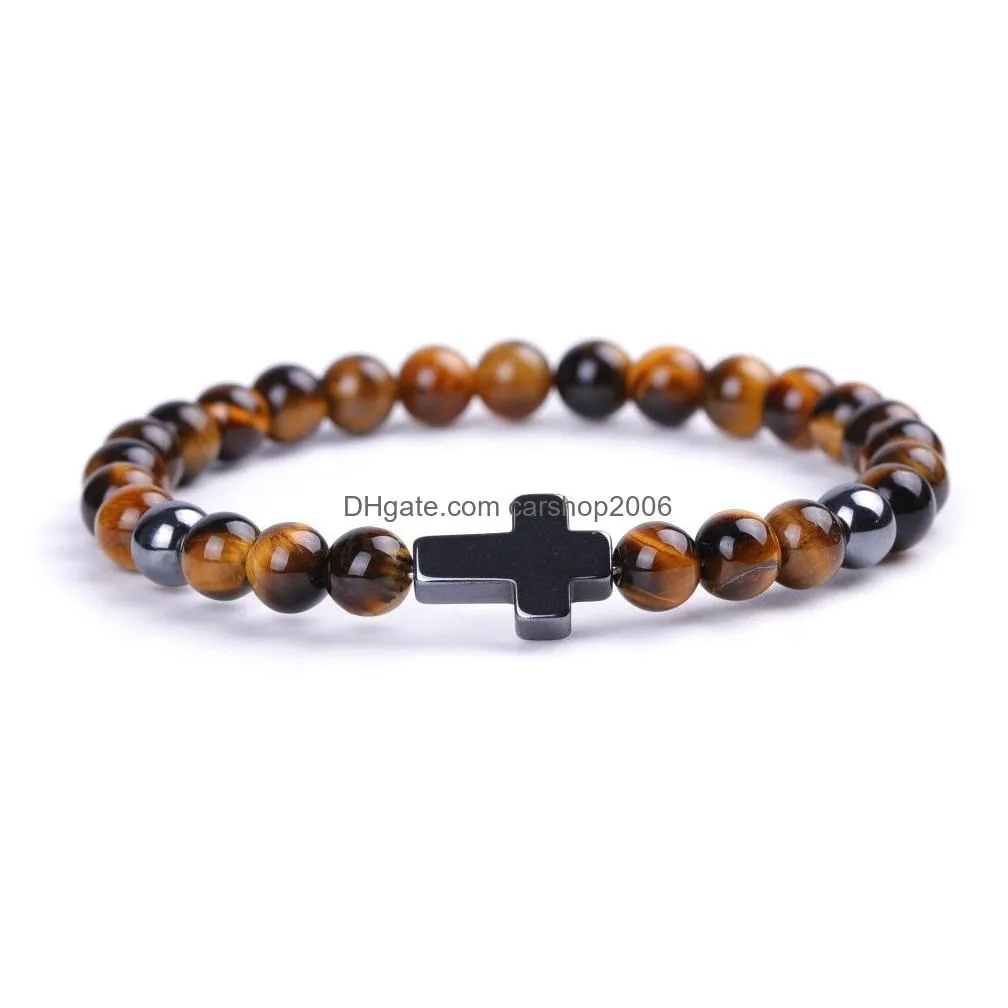 triple protection bracelet bring luck 6mm 8mm natural hematite tiger eye stone beads women men cross bracelets