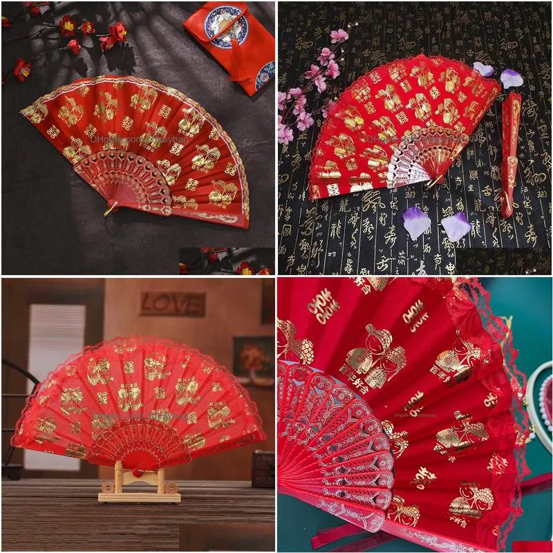 Chinese Style Products Chinese Style Products Wedding Fan Red Veet Golden Tone Print Bride And Groom Happy Marriage Glitter Hand Home Dhvqz