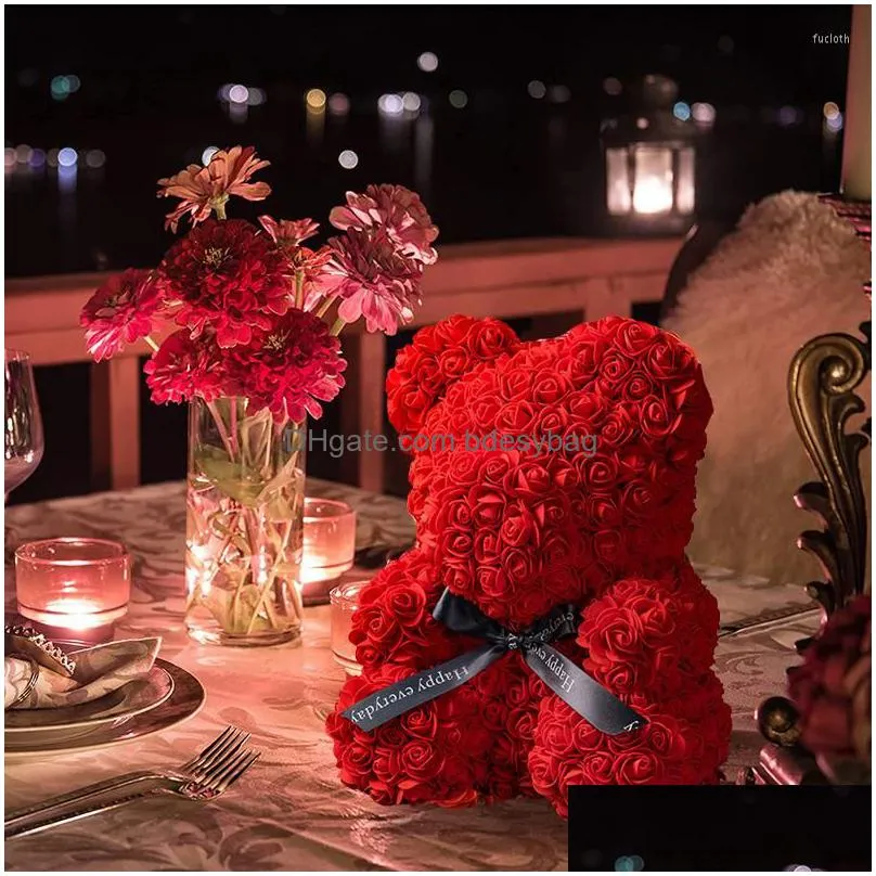 Decorative Flowers & Wreaths Decorative Flowers Teddy Rose Bear 25Cm Artificial With Light Box Girlfriend Anniversary Christmas Valent Dhgmx