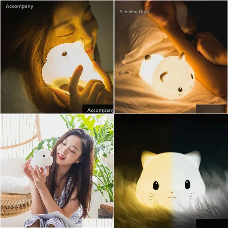 Lamps Shades Silicone Cat LED Night Light Touch Sensor 2 Colors Dimmable Timer USB Rechargeable Bedroom Bedside Lamp for Children Baby Gift