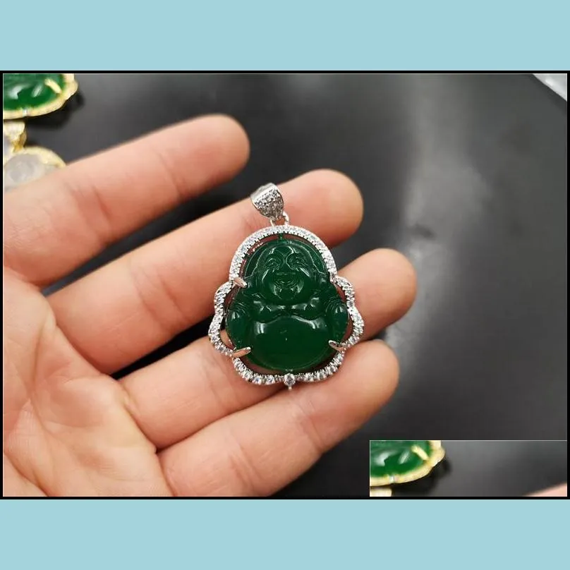 Pendant Necklaces Laughing Buddha Jade Pendant Necklace 925 Sier Plated Inlaid Gemstone Jewelry Ice Chalcedony Agate Maitreya Female P Dh5To