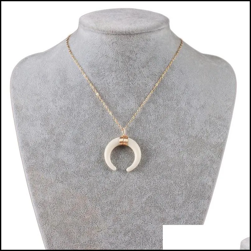 Pendant Necklaces Liduo New Fashion Ivory Bone White Black Color Moon Pendant Necklaces For Women Crescent Double Horn Chokers Jewelry Dhgi3