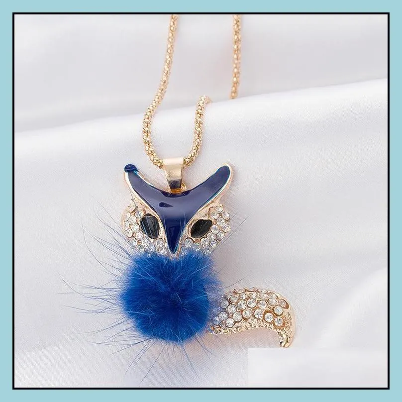 Pendant Necklaces Rhinestone Necklace Pendant Accessories Candy Colour Fur Fox Long Sweater Drop Delivery Jewelry Necklaces Pendants Dhigk