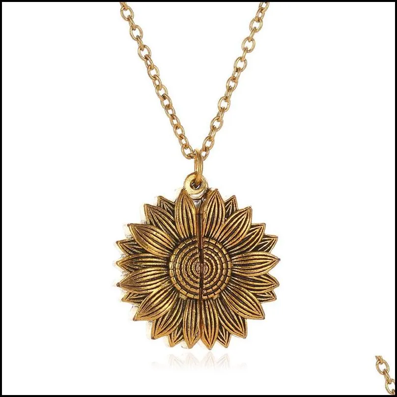 antique gold silver open locket necklace engraved you are my sunshine sunflower pendant necklace unique party jewelry gift