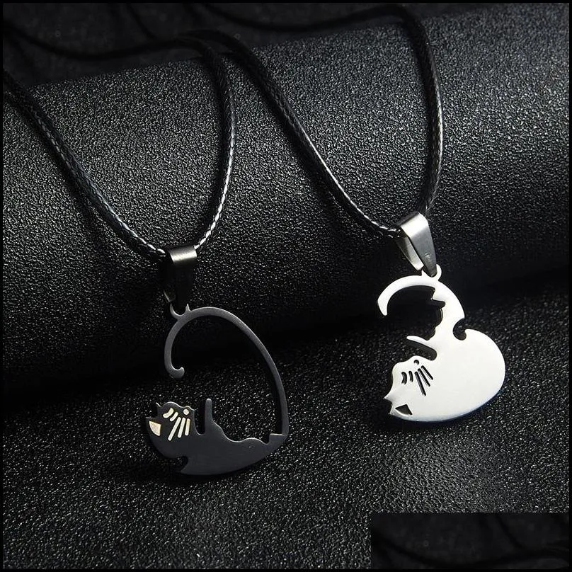 animal pendant black white cat stitching necklace simple friendship gift heart shape gold white cat cute couple jewelry necklace