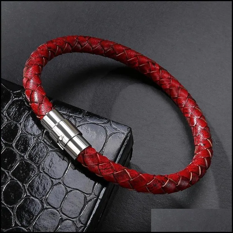 Charm Bracelets Leather Bracelet Genuine Braided Clasp Male Bracelets Bangles Jewelry Stainless Steel Magnetic Drop Delivery Jewelry B Dhaof