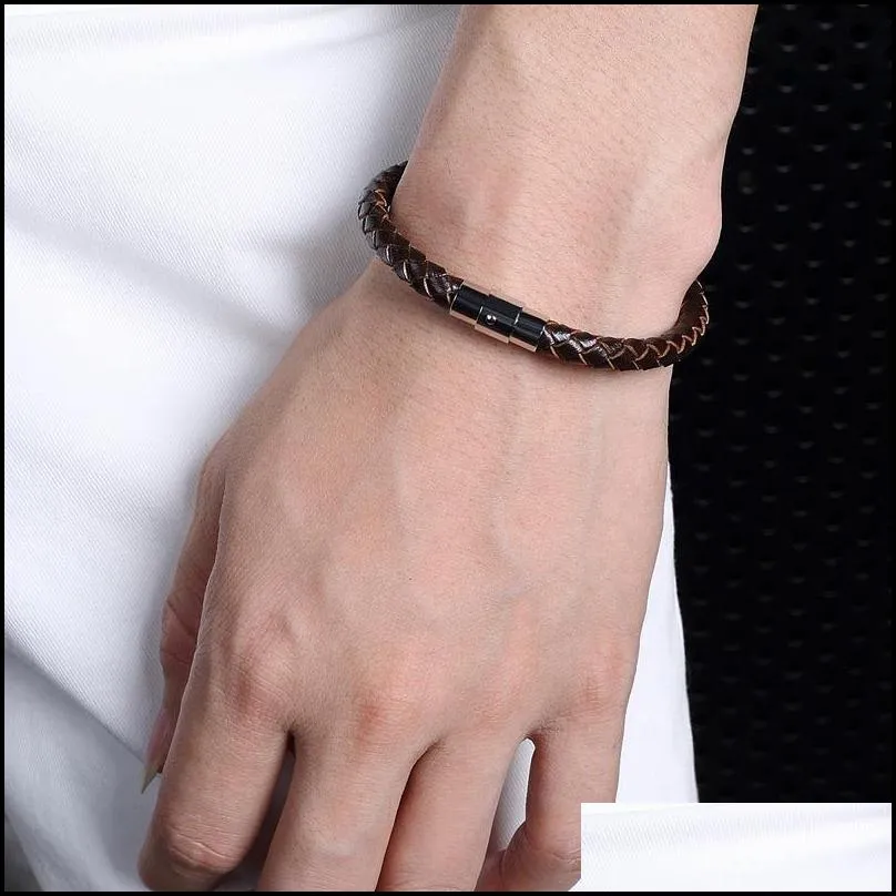 Charm Bracelets Leather Bracelet Genuine Braided Clasp Male Bracelets Bangles Jewelry Stainless Steel Magnetic Drop Delivery Jewelry B Dhaof