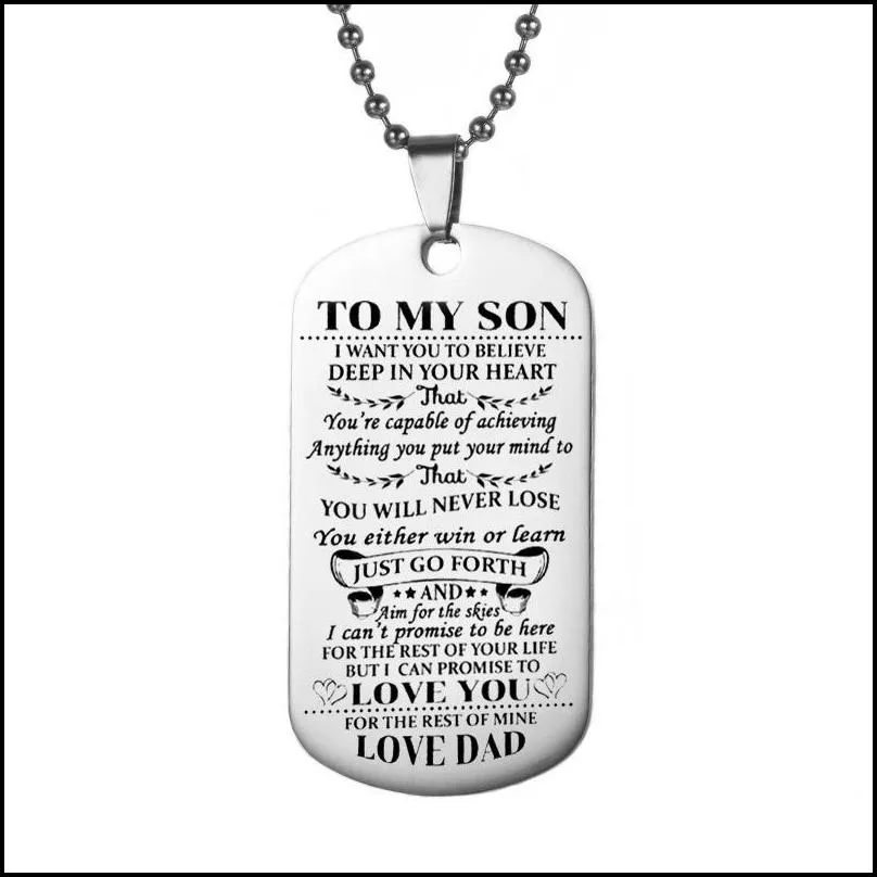 fashion silver color square pendants necklace to our son/daughter letters military licensing pendants necklace men jewelry gifts