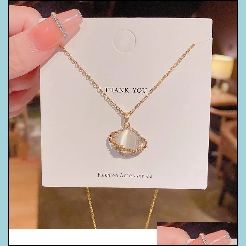 Pendant Necklaces High End Opal Zircon Planet Pendant Necklace Fashion Korean Style Titanium Steel Jewelry For Women Valentines Day Gi Dhgun