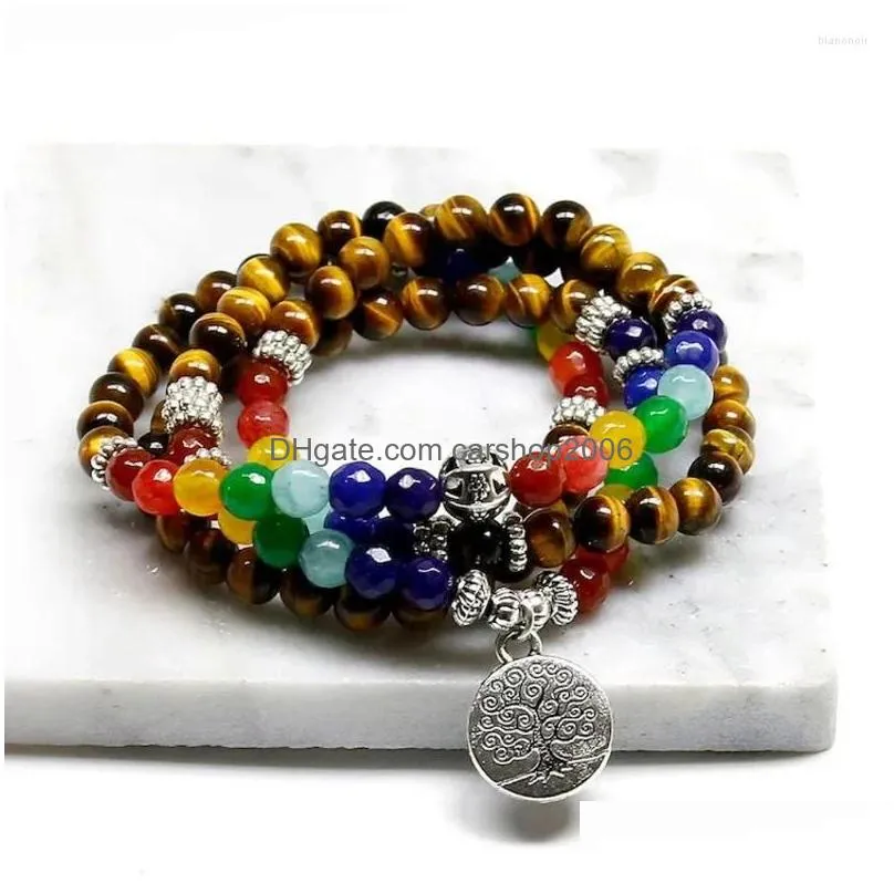 link bracelets nartrual 108 mala tiger eyes stone 7 chakra energy yoga bracelet for men and woman