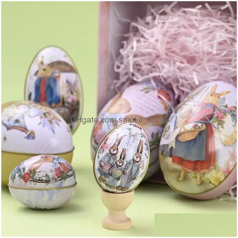 party favor easter tinplate egg shaped candy tin bunny rabbit printed metal spring party favor gift packaging storage case s m l size