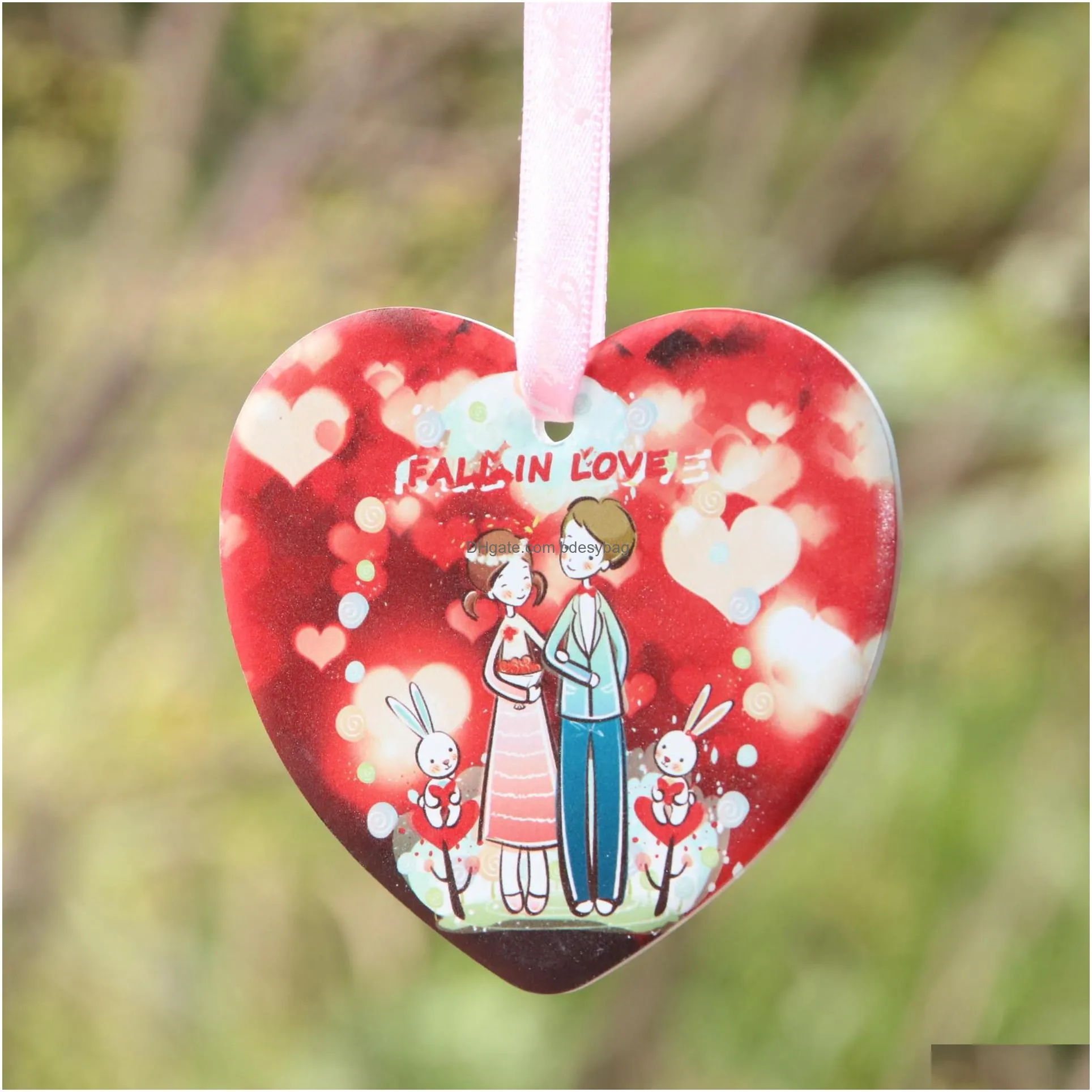 Party Favor Valentines Day Pendant Ornaments Party Gifts Round Heart-Shaped Ceramic Ornament Diy Gift Fall In Love Hanging Pendants Dr Dhhfp