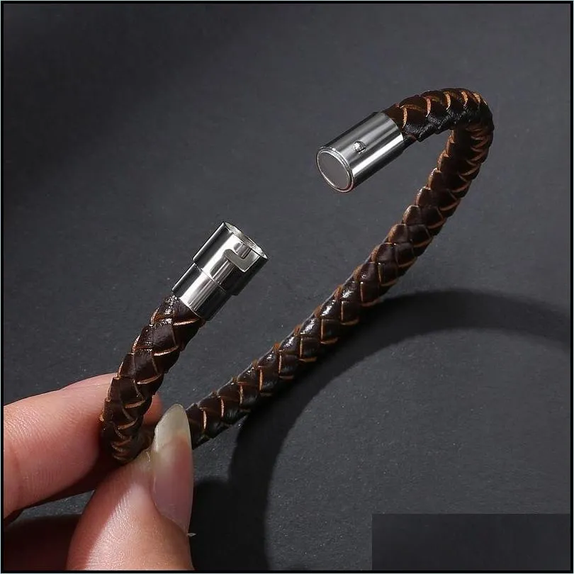 Charm Bracelets Leather Bracelet Genuine Braided Clasp Male Bracelets Bangles Jewelry Stainless Steel Magnetic Drop Delivery Jewelry B Dhaof