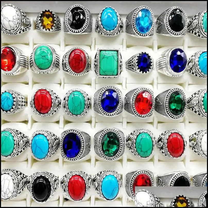 Band Rings New 30Pcs/Pack Turquoise Band Rings Mens Womens Fashion Jewelry Antique Sier Vintage Natural Stone Ring Drop Delivery Jewel Dhidw