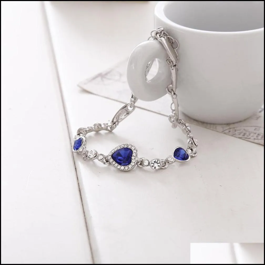 Charm Bracelets Ocean Blue Bracelets Sliver Plated Crystal Rhinestone Heart Charm Bracelet Bangle Gift Jewelry Drop Delivery Jewelry B Dhnqk