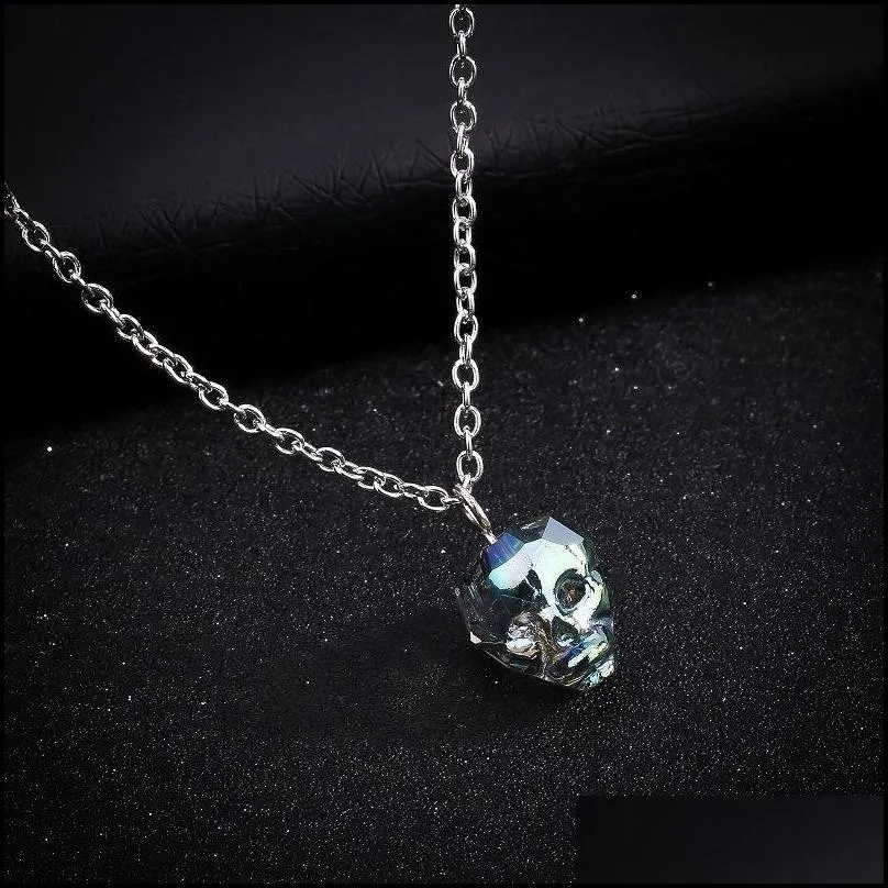  colorful crystal skull head punk jewelry silver color long chain necklace vintage gothic skull necklace
