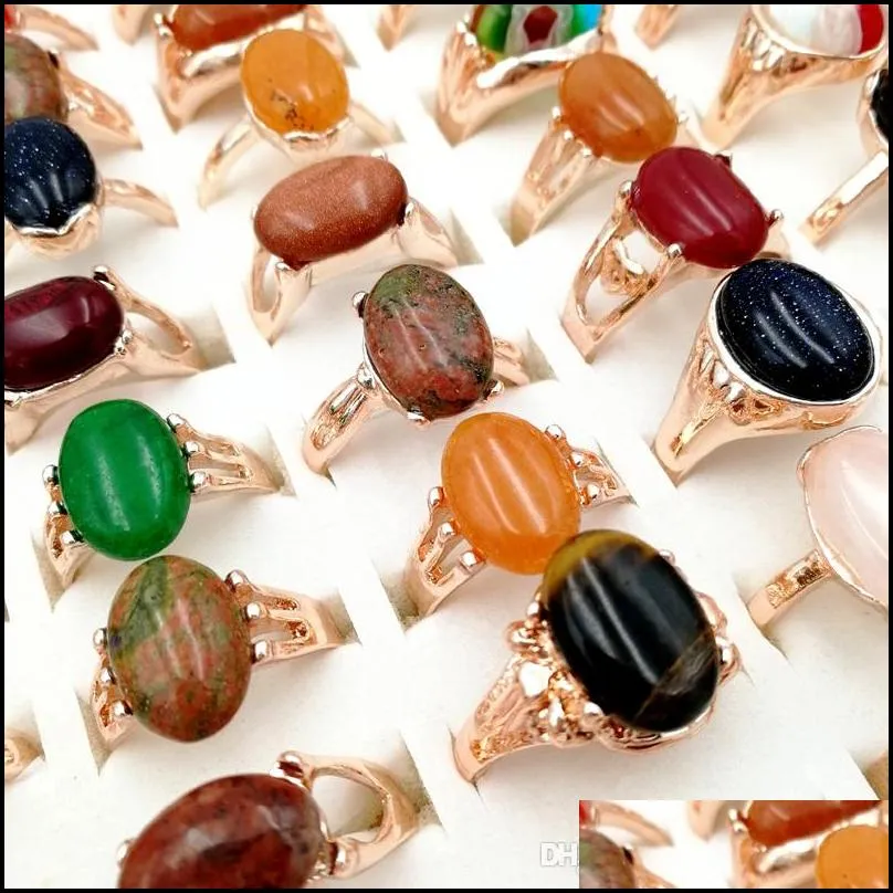 Band Rings Newest 30 Pieces/Lot Natural Gemstone Band Rings Crystal Bohemia Mix Style Rose Gold Designs For Womens And Men Fashion Par Dhbna