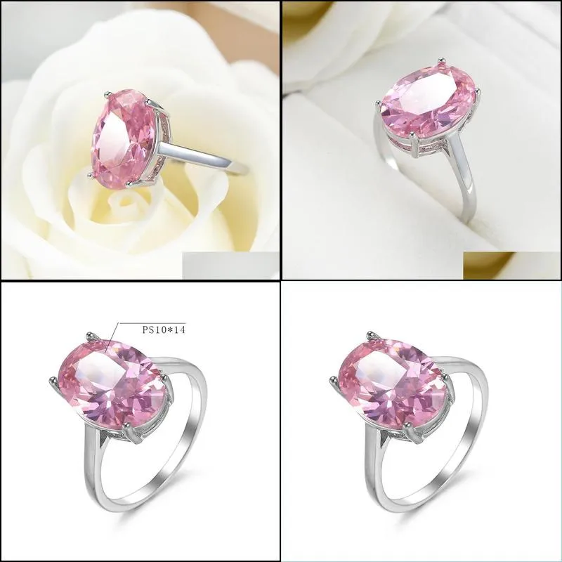 Solitaire Ring Wholesale 12 Pcs Luckyshine Woman Holiday Jewelry Gift Rings Trendy Oval Pink Topaz Cubic Zirconia 925 Sterling Sier Pl Dhhrf