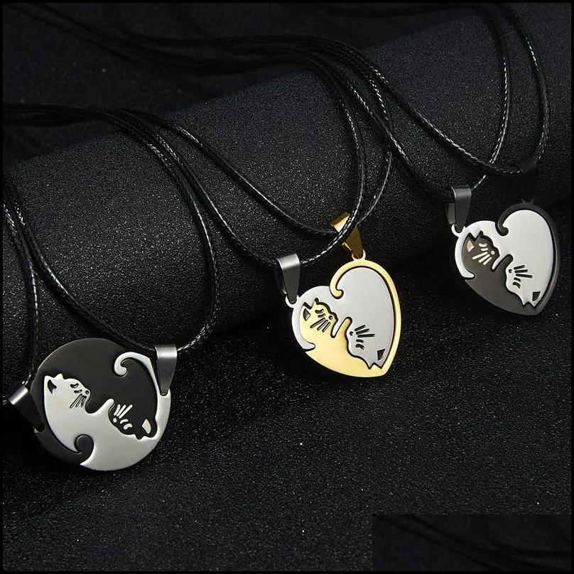 animal pendant black white cat stitching necklace simple friendship gift heart shape gold white cat cute couple jewelry necklace