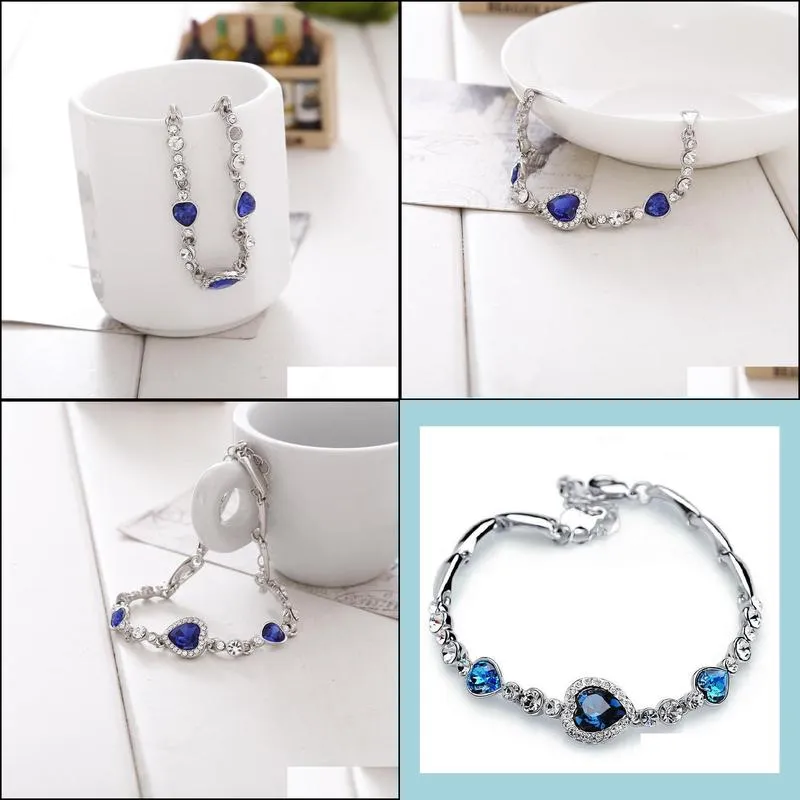 Charm Bracelets Ocean Blue Bracelets Sliver Plated Crystal Rhinestone Heart Charm Bracelet Bangle Gift Jewelry Drop Delivery Jewelry B Dhnqk