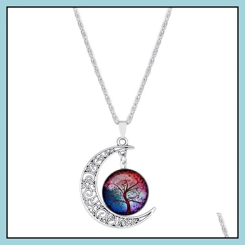 chokers necklaces wholesale vintage glass galaxy lovely moon gemstone silver chain necklace life tree moon pendant necklace
