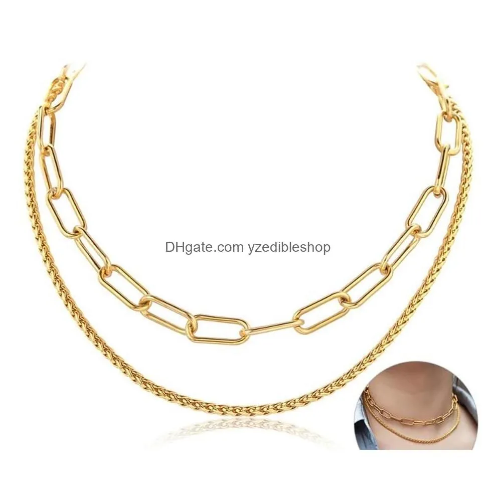 chic punk double layered choker necklace paperclip square wheat chain gold color stainless steel women minimalis jewelry dn203272j