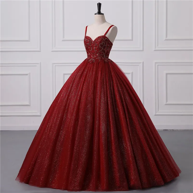 Shiny Burgundy Ball Gown Quinceanera Dresses Sexy Spaghetti Straps Backless Sequins Appliques ong Prom Evening Gowns For Teens BM3505