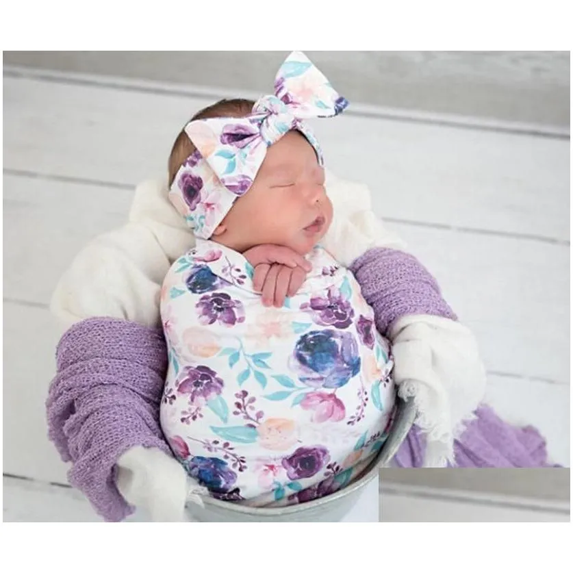 Baby Kids Headband Bow For Girl Nylon Blanket Swaddle Printed Sleep Sack Headband Set Newborn Kids Turban Accessoire Gift