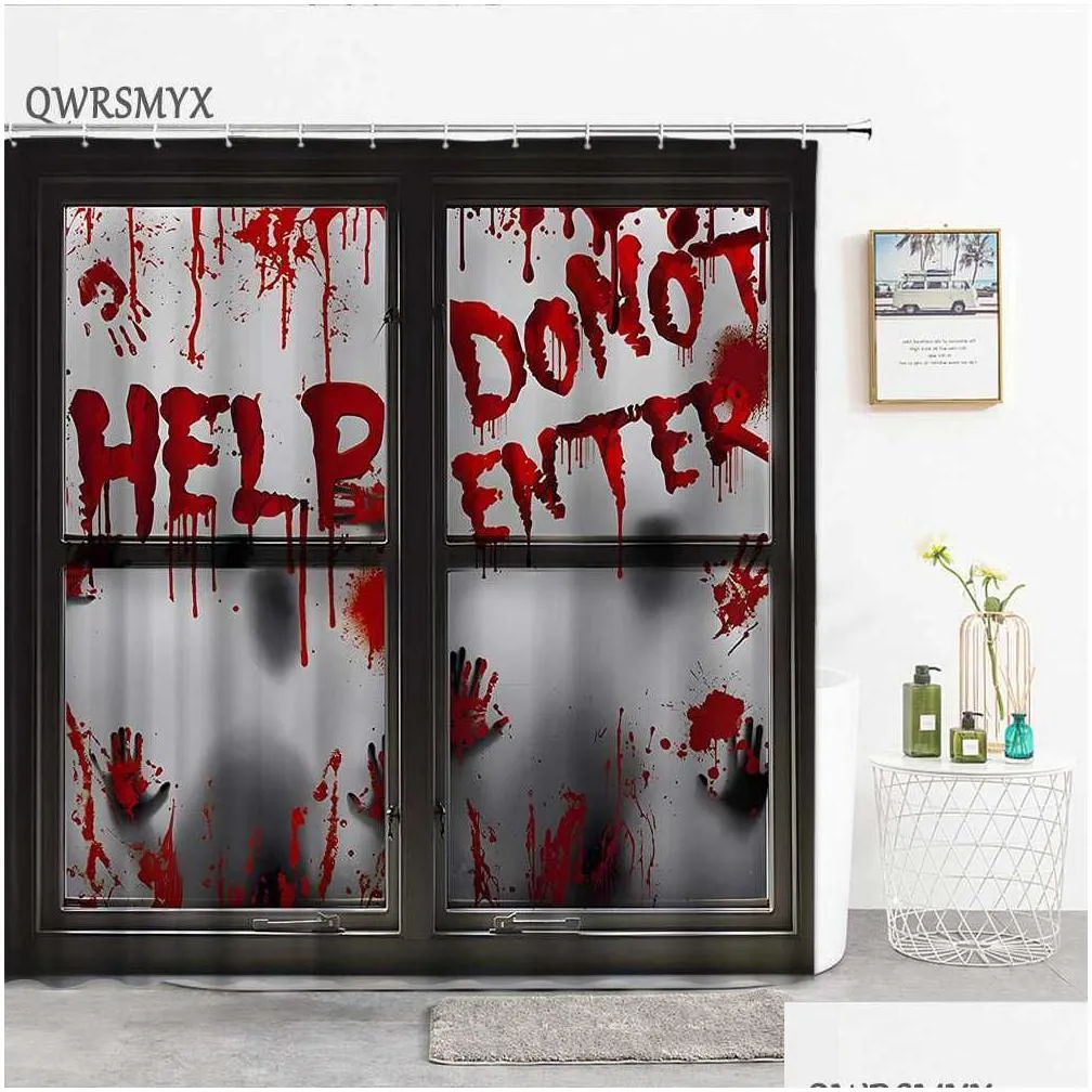 Shower Curtains Shower Very Scary Blood Handprint Bathroom Fabric Bath Curtain Waterproof Cloth Home Decoration Mtiple Size R230719 Dr Dhi6N