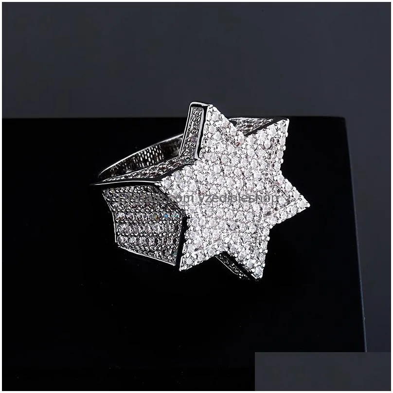  hexagon star silver color blue iced out cubic zircon with side stones rings micro paved diamond hip hop jewelry for gifts208b