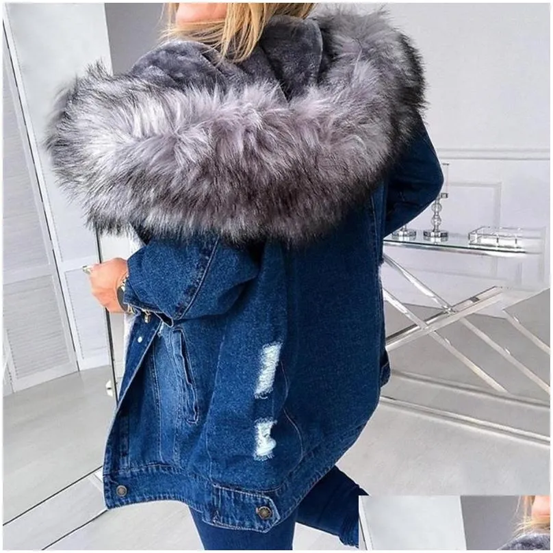 Women`S Jackets Womens Jackets Faux Fur Hooded Jean Jacket Woman Stylish Parka Retro Plush Collar Denim Coat Thick Long Sleeve Frayed Dhdjp