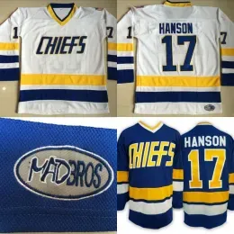 #17 Steve Hanson Charlestown Jersey, Men`s Hanson Brother Slap Shot 100% Stitched Embroidery Movie Hockey Jerseys Blue White