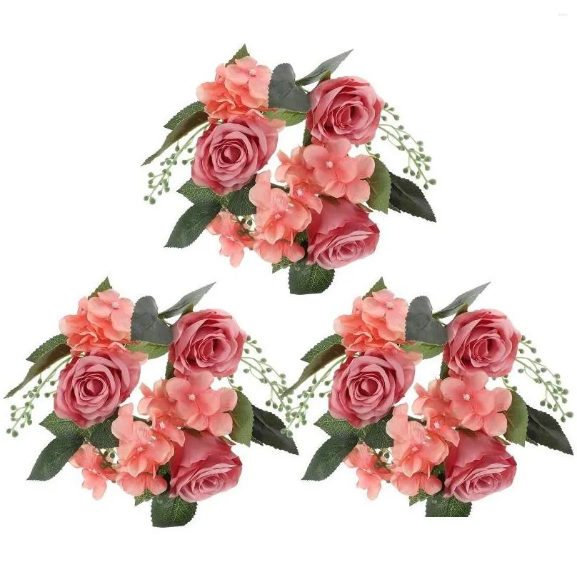 Decorative Flowers Artificial Rose Flower Candle Rings Floral Wreaths Pillar Holder For Christmas Wedding Party Table Decoration