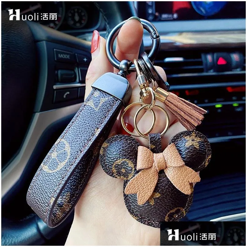 fashion car keychain favor mouse flower bag purse pendant charm brown keyring holder for men gift pu leather lanyard key chain