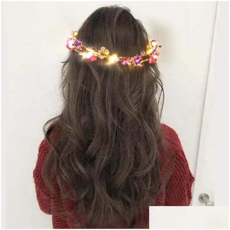 Hair Accessories 20Pcs/ Colorf Christmas Party Glowing Wreath Halloween Crown Flower Headband Women Girls Led Light Up Hair Hairband D Dhd3W