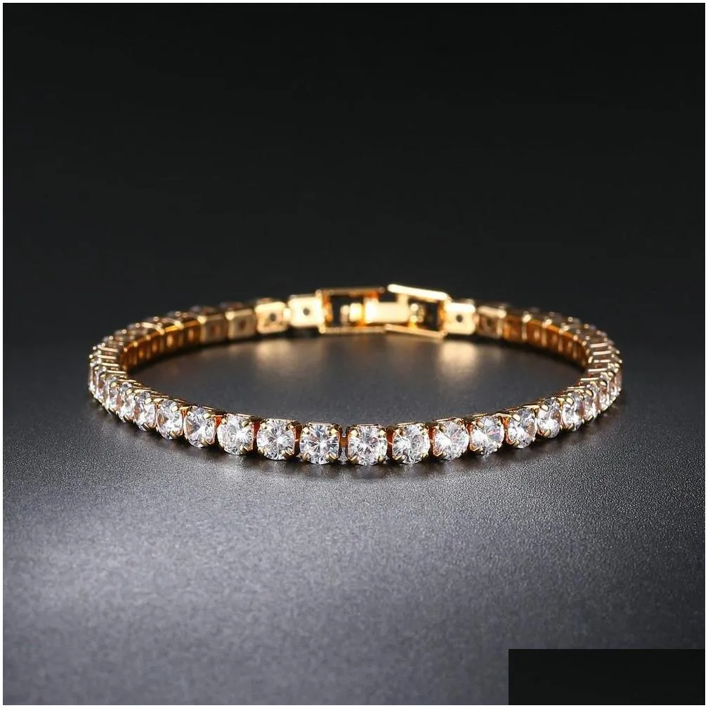 Tennis Zircon Tennis Bracelet Single Row 4Mm Round Fl Diamond Gold Chain Cross-Border Hip Hop Jewelry Drop Delivery Jewelry Bracelets Dhgj1