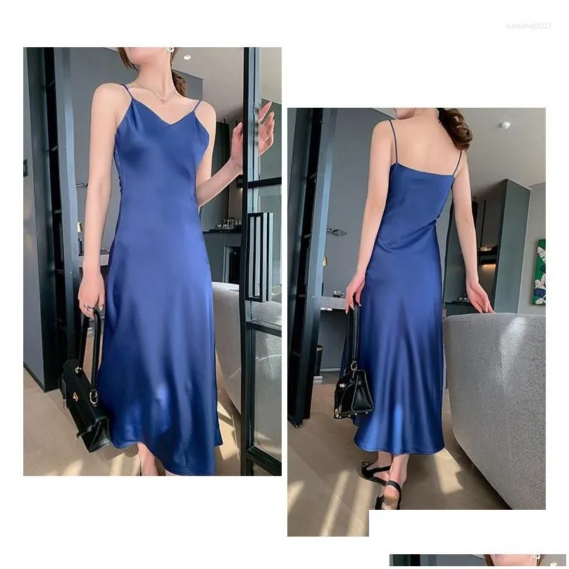 Basic & Casual Dresses Casual Dresses Womens Silk V-Neck Long Satin Suspended Dress Summer Black Y Evening Pajama Drop Delivery Appare Dhz84