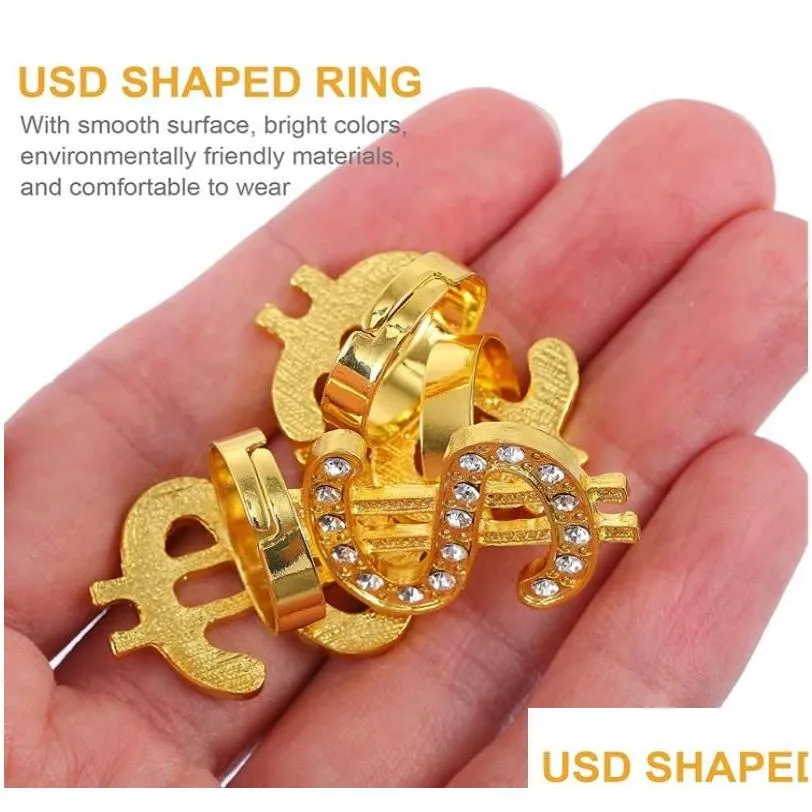 crystal dollar sign ring for men women costume accessories money symbol zirconia rinestone open gold rings hip hop rapper punk costume